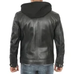 Black Removable Hooded Leather Racer Jacket for Men - Image 2