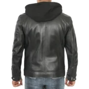 Black Removable Hooded Leather Racer Jacket for Men - Image 2