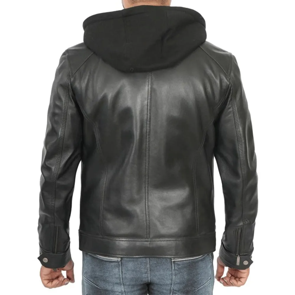 Alternative view of Black Removable Hooded Leather Racer Jacket for Men