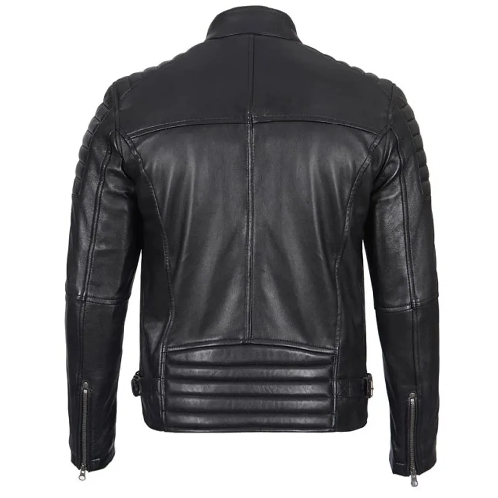 Alternative view of Padded Style Black Cafe Racer Leather Jacket for Men – Real Lambskin