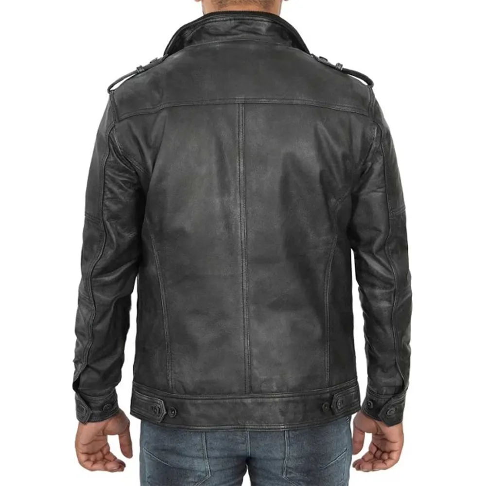 Alternative view of Distressed Black Leather Biker Jacket for Men