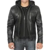 Men’s black removable hooded leather racer jacket with , real lambskin, front zip-up view