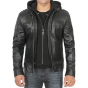Men’s black removable hooded leather racer jacket with , real lambskin, front zip-up view