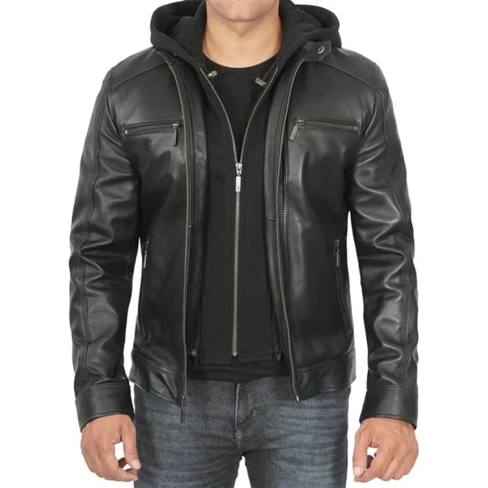 Men’s black removable hooded leather racer jacket with , real lambskin, front zip-up view