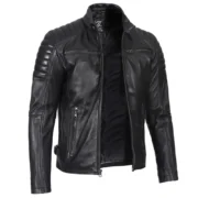 Padded Style Black Cafe Racer Leather Jacket for Men – Real Lambskin - Image 3