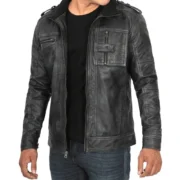 Distressed Black Leather Biker Jacket for Men - Image 4