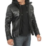 Black Removable Hooded Leather Racer Jacket for Men - Image 3