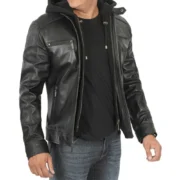 Black Removable Hooded Leather Racer Jacket for Men - Image 3
