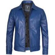 Classic Blue Leather Harrington Jacket for Men – Front View