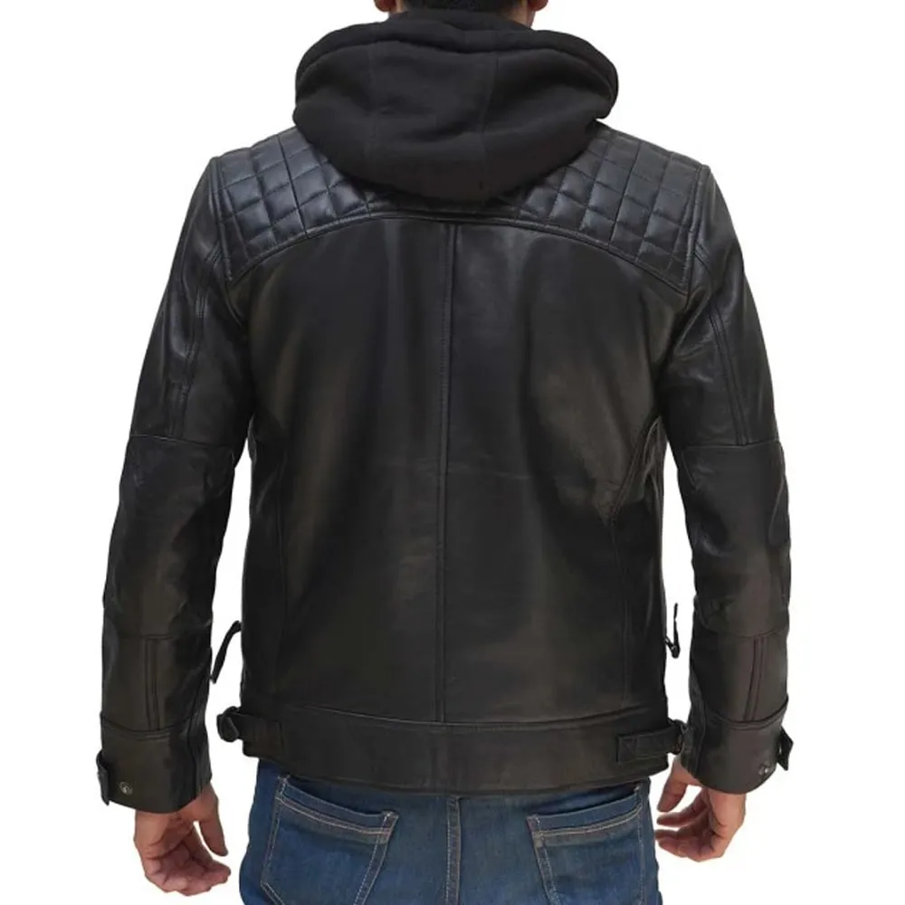 Alternative view of Men’s Black Cafe Racer Leather Jacket with Removable Hood