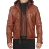 9 Johnson Mens Quilted Tan Leather Jacket With Detachable Hood min min - Men’s Tan Quilted Leather Jacket with– Real Lambskin