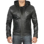 Black Removable Hooded Leather Racer Jacket for Men - Image 6