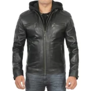 Black Removable Hooded Leather Racer Jacket for Men - Image 6