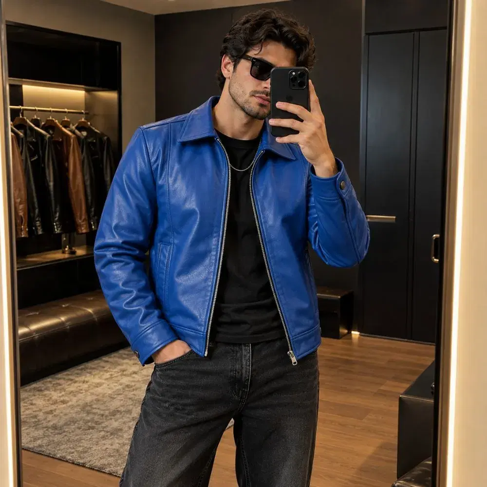 Blue Leather Harrington Jacket for Men