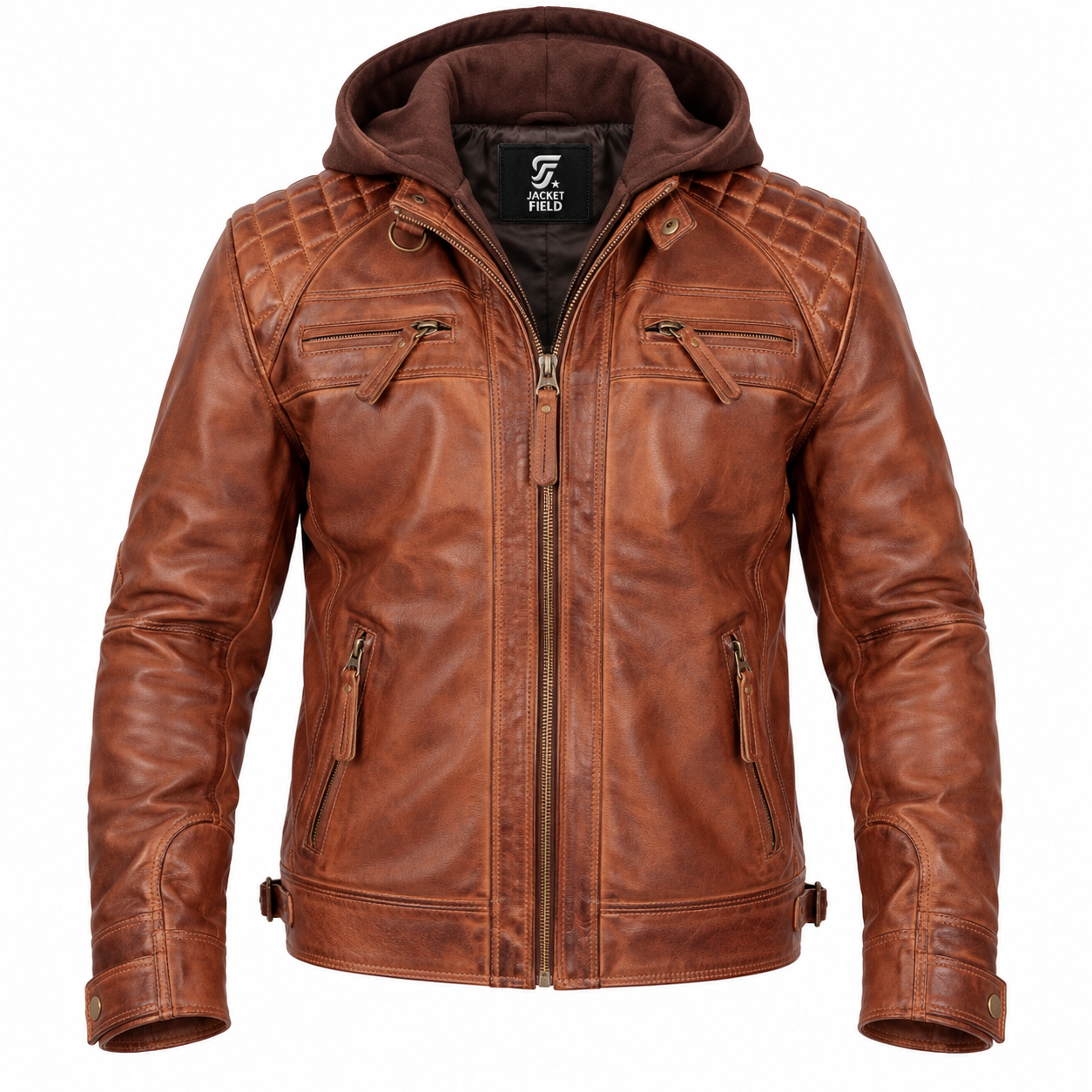 Men’s Tan Quilted Leather Jacket with– Real Lambskin