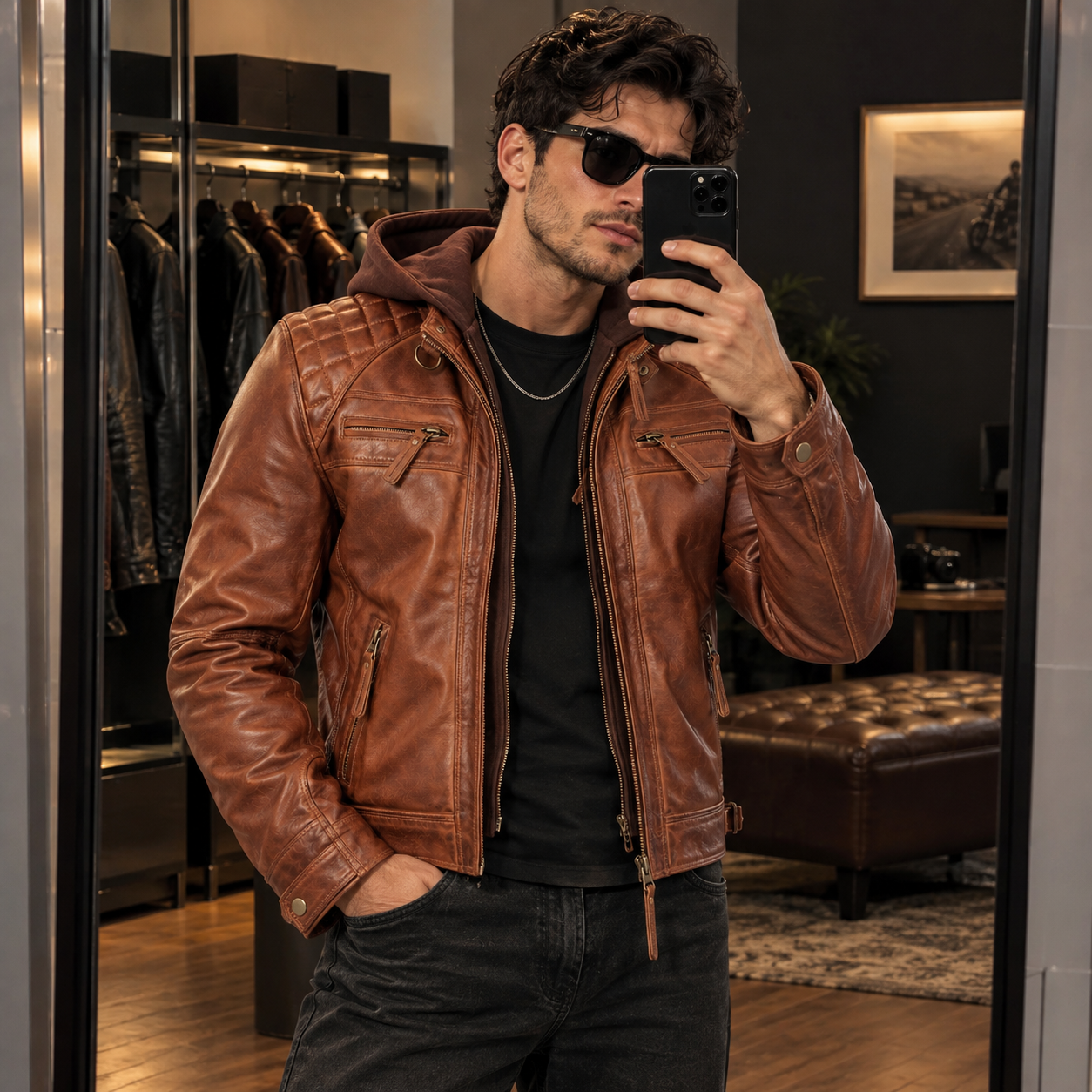 Men’s Tan Quilted Leather Jacket with– Real Lambskin