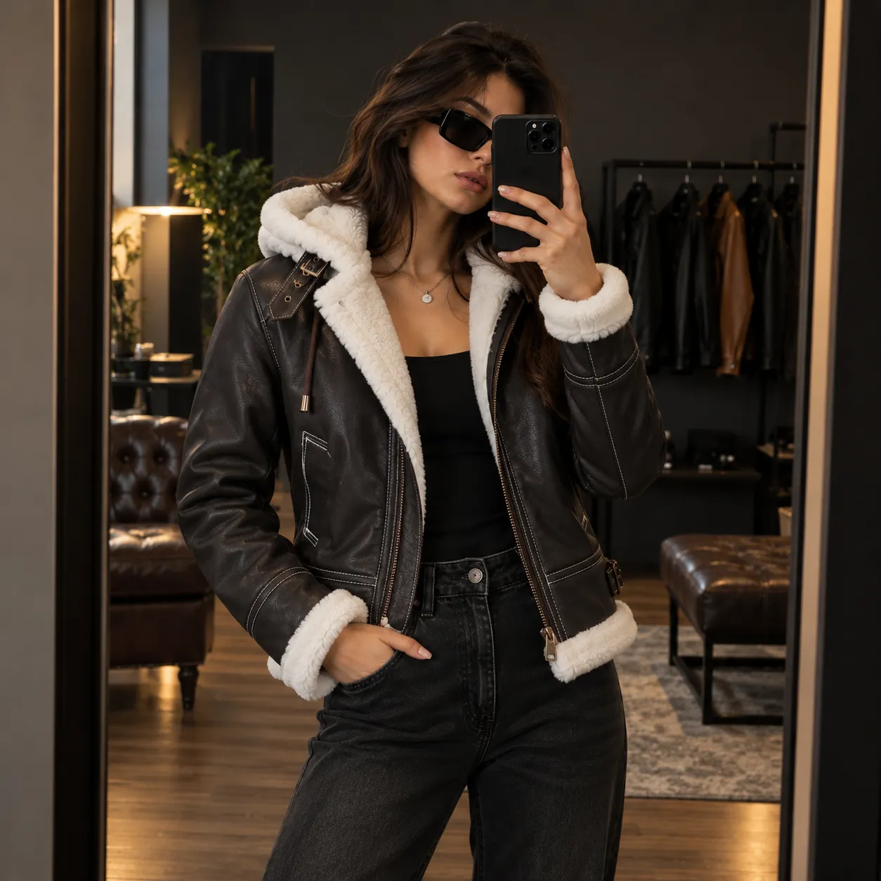 Fur-Lined Leather Aviator Jacket
