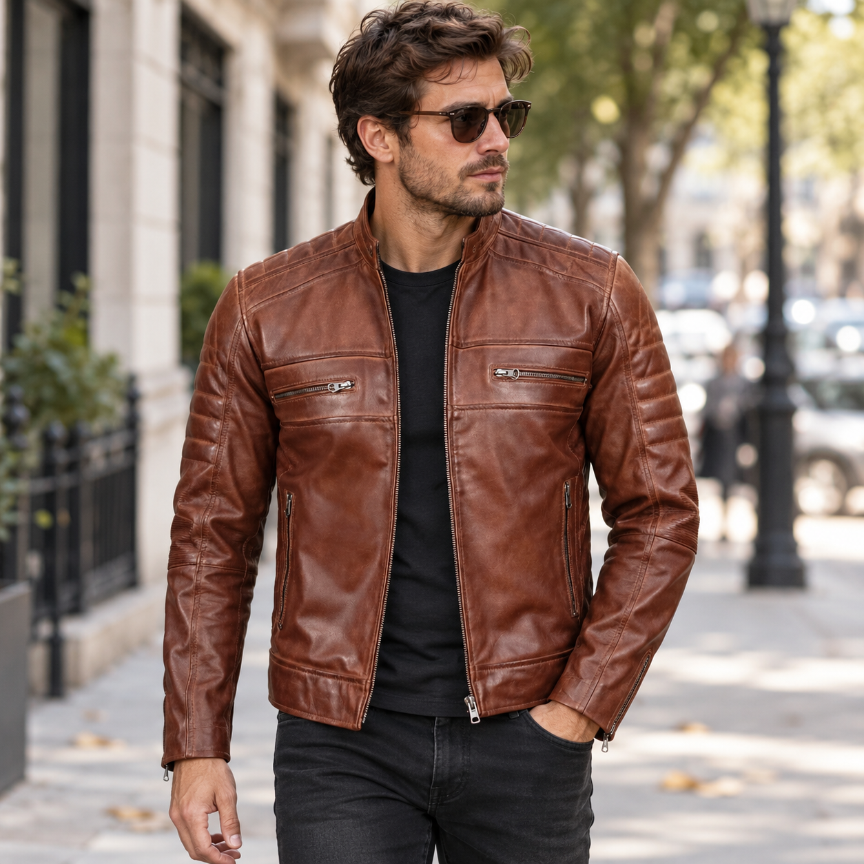 Mens Cognac Brown Distressed Lambskin Leather Motorcycle Jacket by Jacket Field