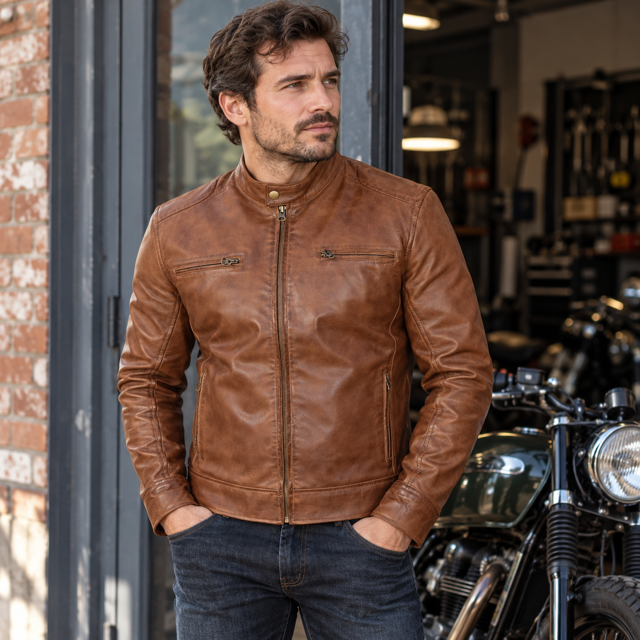 Mens Chocolate Brown Lambskin Leather Motorcycle Jacket by Jacket Field