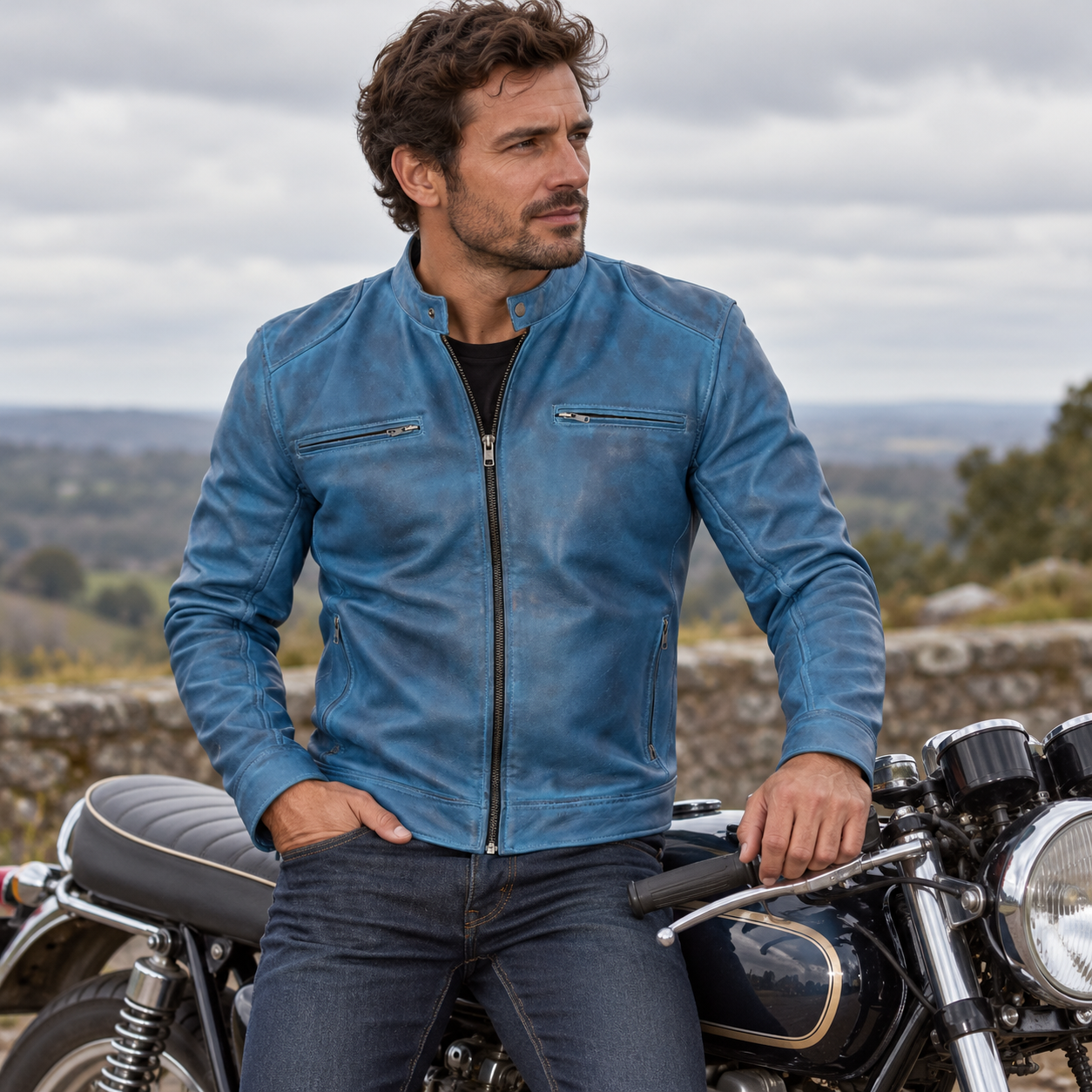 Mens Blue Lambskin Leather Motorcycle Jacket by Jacket Field