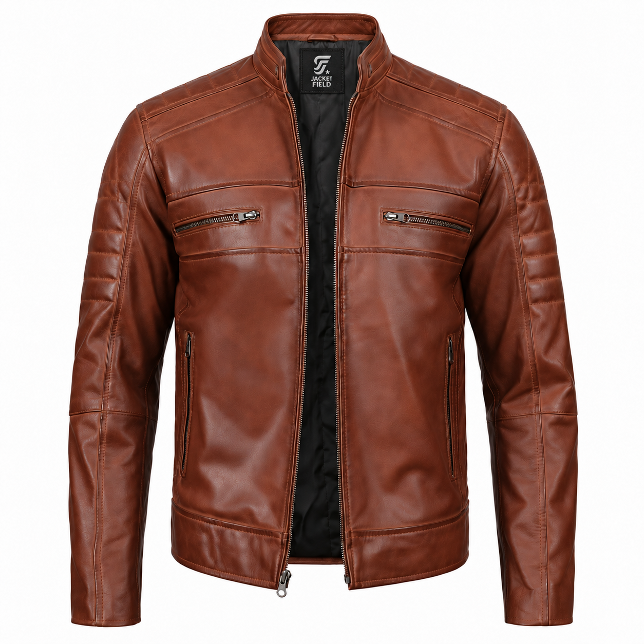 Mens Cognac Brown Distressed Lambskin Leather Motorcycle Jacket by Jacket Field