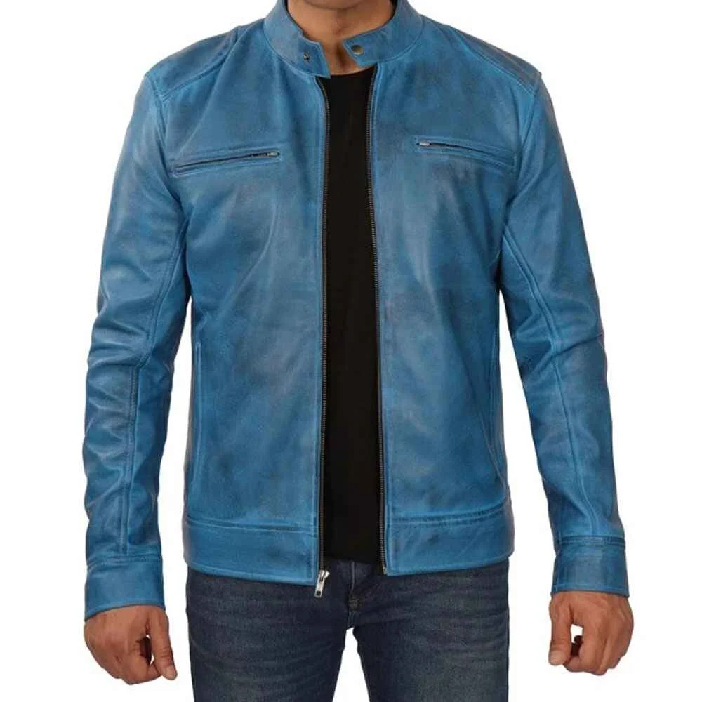 Mens Blue Lambskin Leather Motorcycle Jacket by Jacket Field