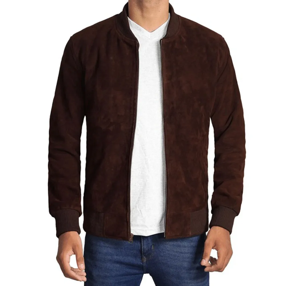 Give yourself a New Look with a Dark Brown Suede Leather Bomber Jacket For Men