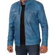Mens Blue Lambskin Leather Motorcycle Jacket by Jacket Field