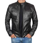 Mens Black Genuine Lambskin Leather Motorcycle Jacket by Jacket Field