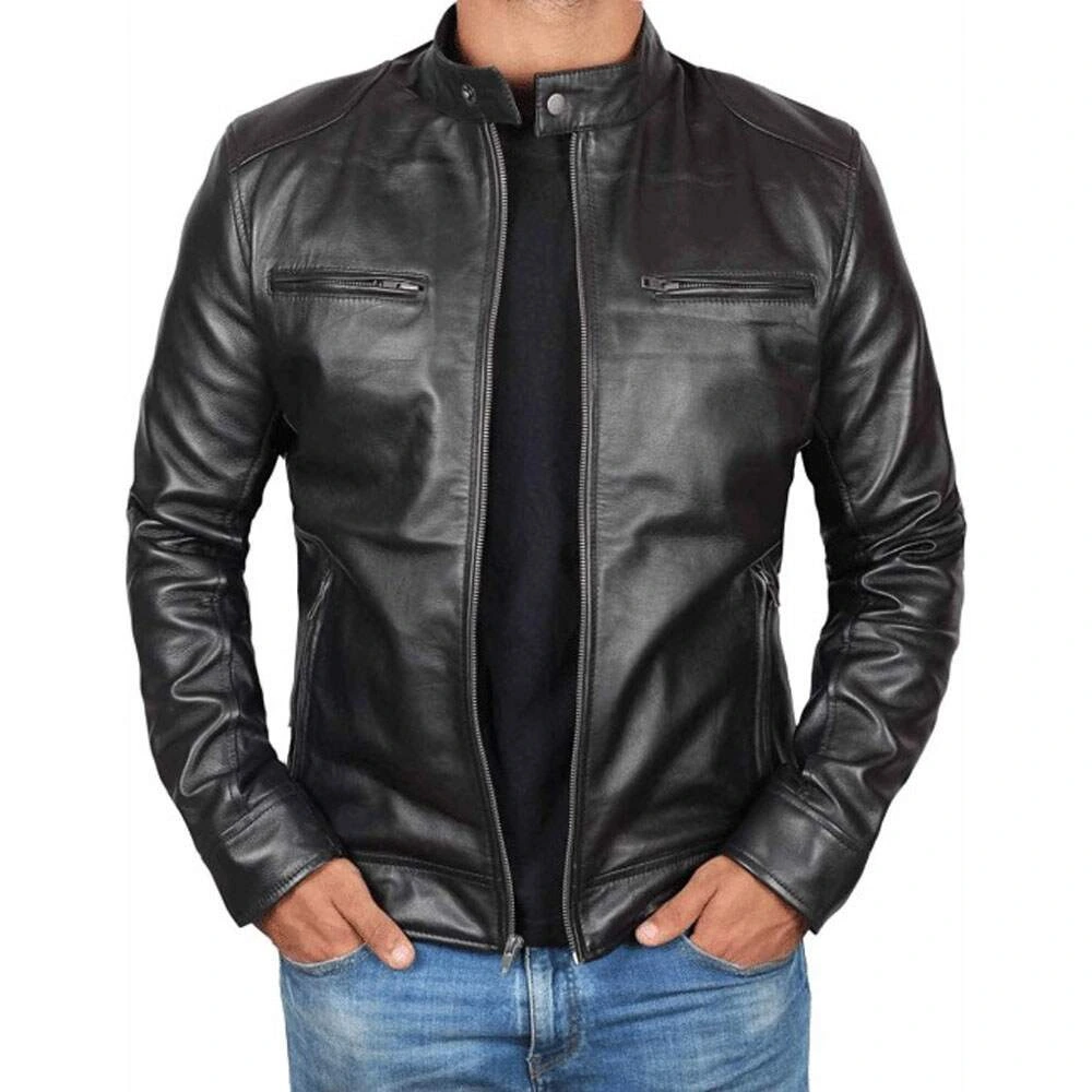 Mens Black Genuine Lambskin Leather Motorcycle Jacket by Jacket Field
