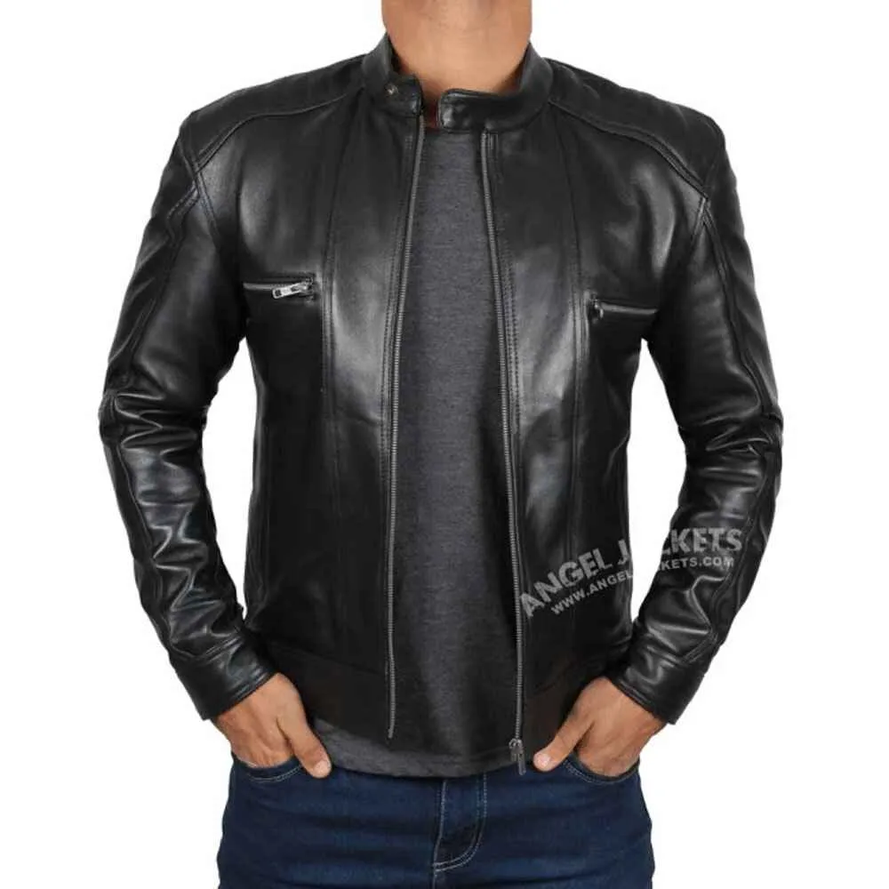 Mens Classic Black Lambskin Leather Motorcycle Jacket by Jacket Field
