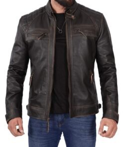 Mens Distressed Brown Lambskin Leather Motorcycle Jacket By Jacket Field