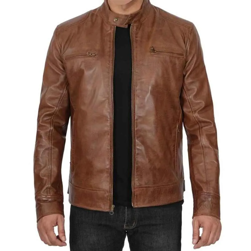 Mens Chocolate Brown Lambskin Leather Motorcycle Jacket by Jacket Field