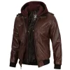 1 Mens Dark Brown Leather Bomber Jacket With Hood - Dark Brown Leather Bomber Jacket for Men