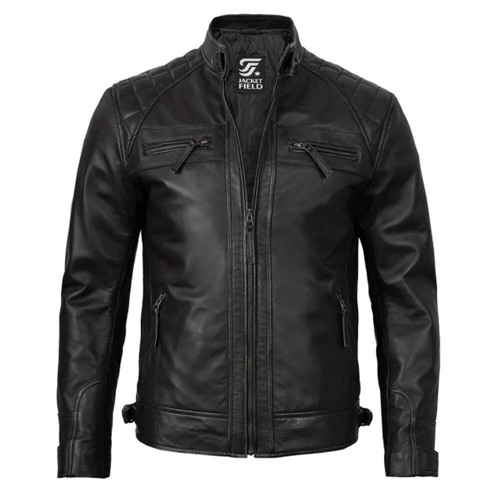 Mens Black Lambskin Cafe Racer Leather Motorcycle Jacket By Jacket Field