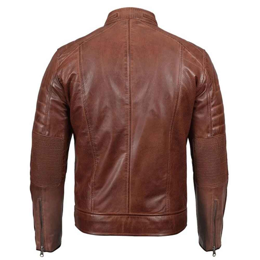 Mens Cognac Distressed Lambskin Leather Motorcycle Jacket by Jacket Field