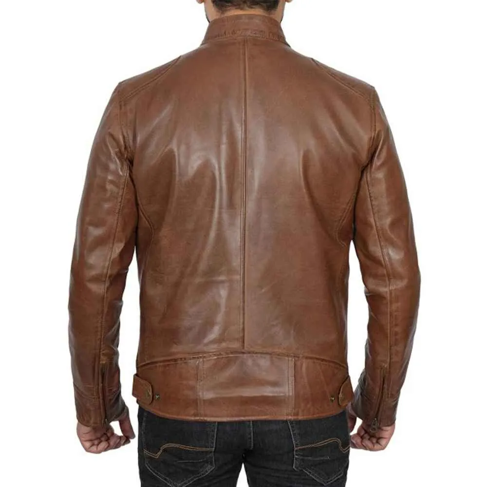 Mens Chocolate Brown Lambskin Leather Motorcycle Jacket by Jacket Field