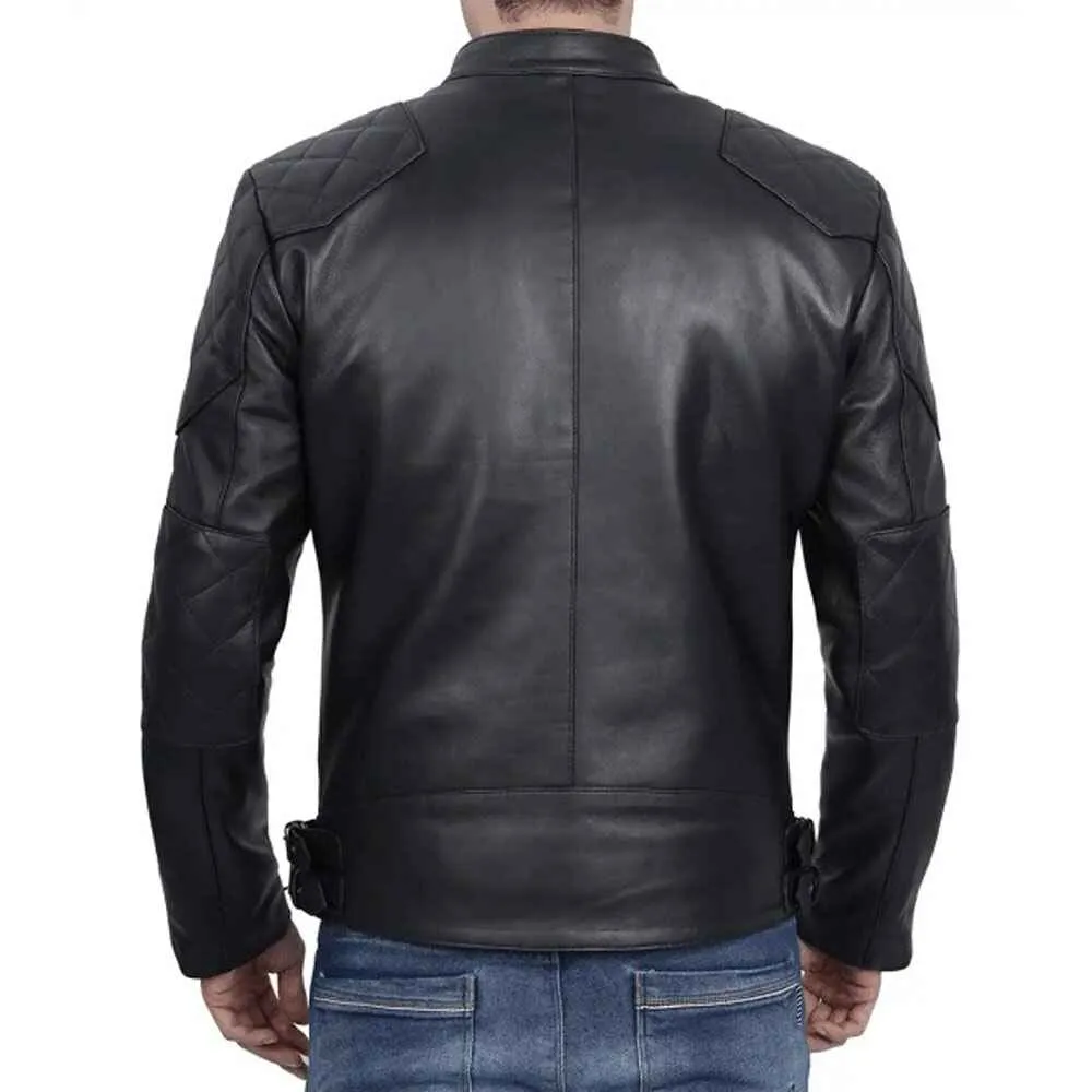 Mens Black Cafe Racer Lambskin Leather Motorcycle Jacket by Jacket Field