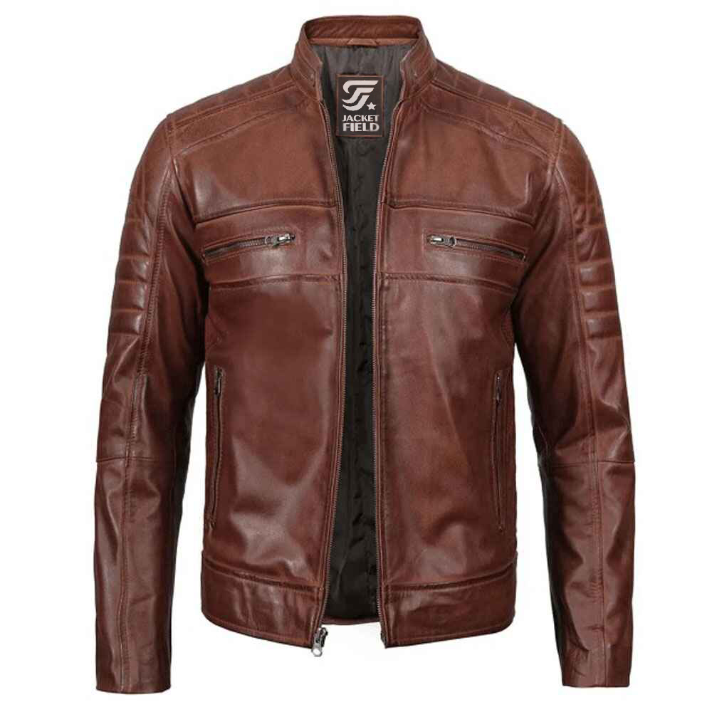 Mens Cognac Distressed Lambskin Leather Motorcycle Jacket by Jacket Field