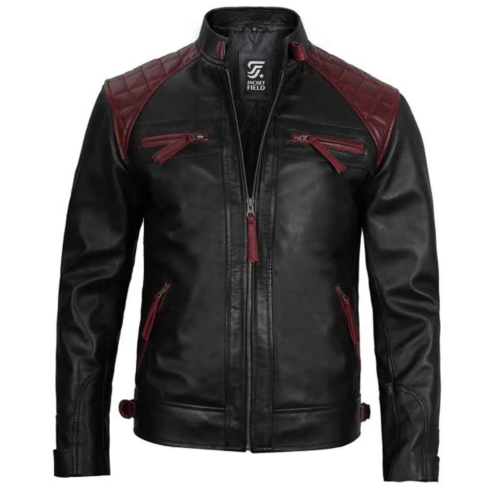 Mens Black and Maroon Lambskin Leather Motorcycle Jacket by Jacket Field
