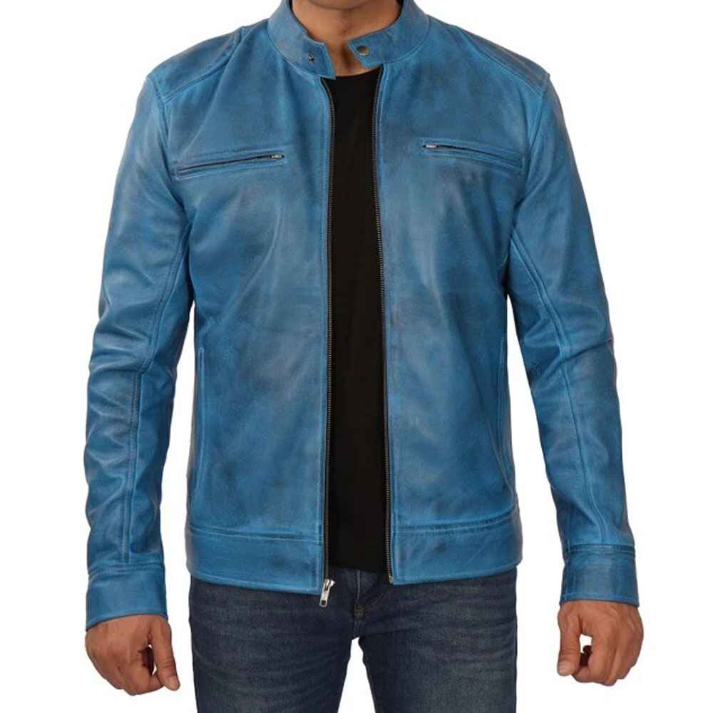 Mens Blue Lambskin Leather Motorcycle Jacket by Jacket Field