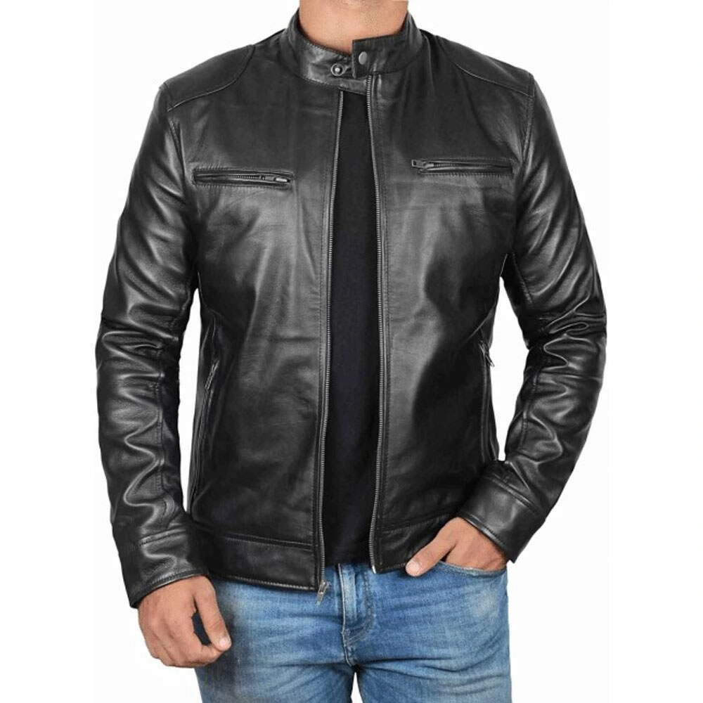 Mens Black Genuine Lambskin Leather Motorcycle Jacket by Jacket Field