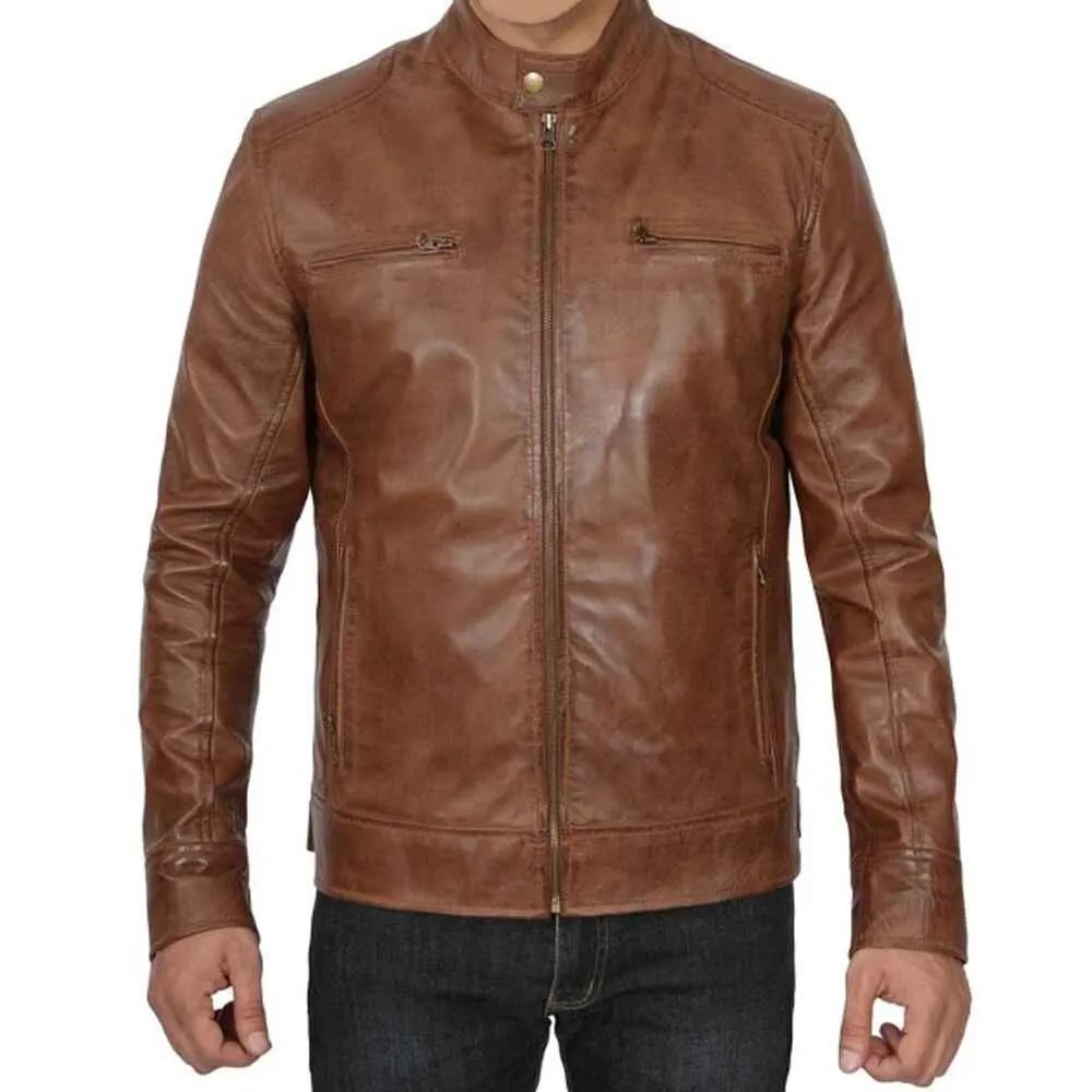 Mens Chocolate Brown Lambskin Leather Motorcycle Jacket by Jacket Field
