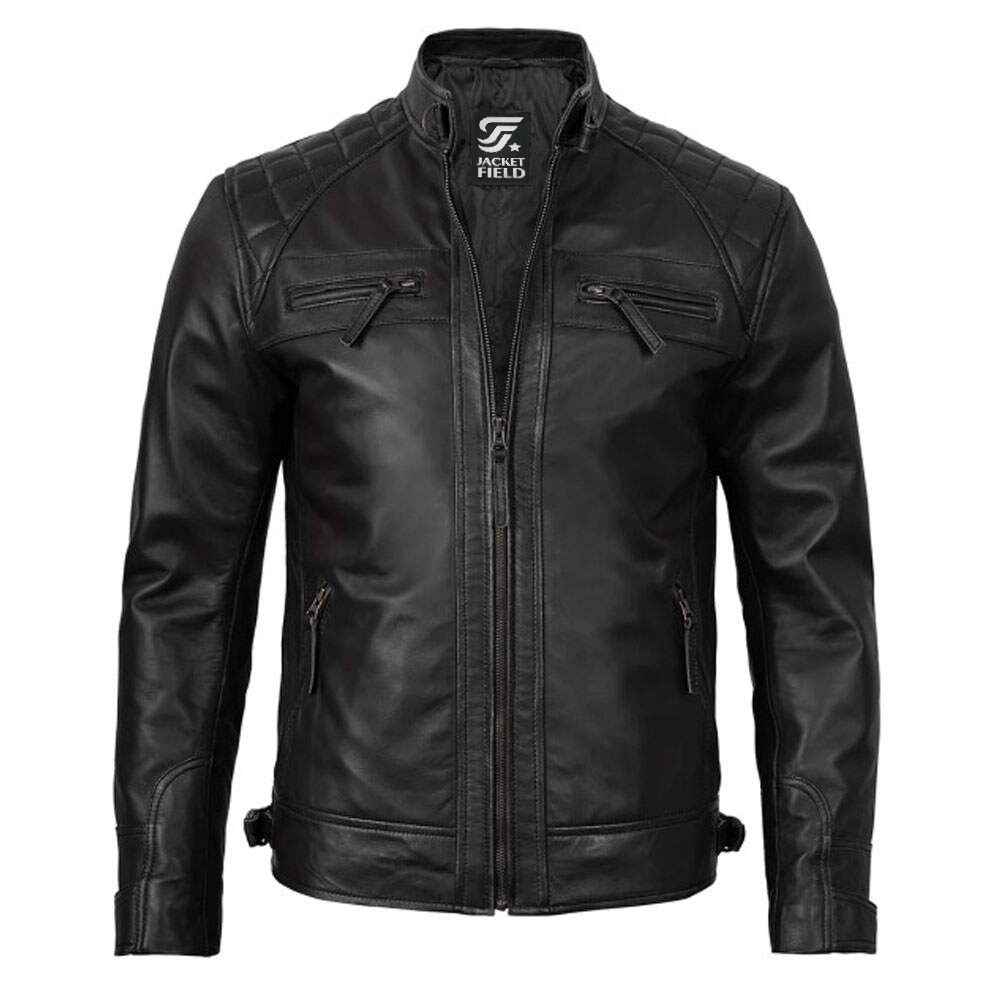 Mens Black Lambskin Cafe Racer Leather Motorcycle Jacket By Jacket Field