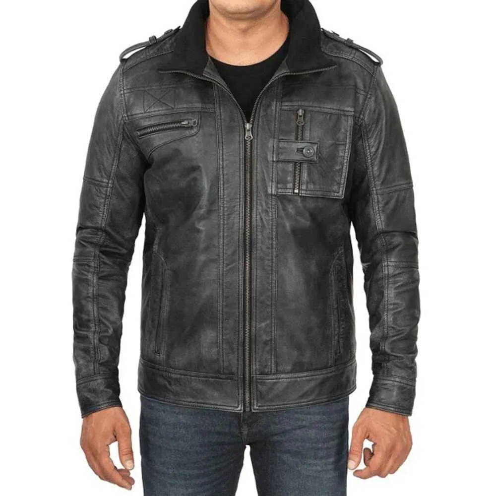 Mens Black Lambskin Leather Motorcycle Jacket by Jacket Field