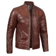 Mens Cognac Distressed Lambskin Leather Motorcycle Jacket by Jacket Field
