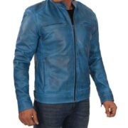 Mens Blue Lambskin Leather Motorcycle Jacket by Jacket Field