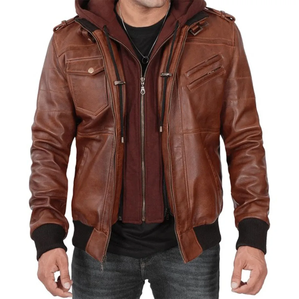 Brown Leather Bomber Jacket