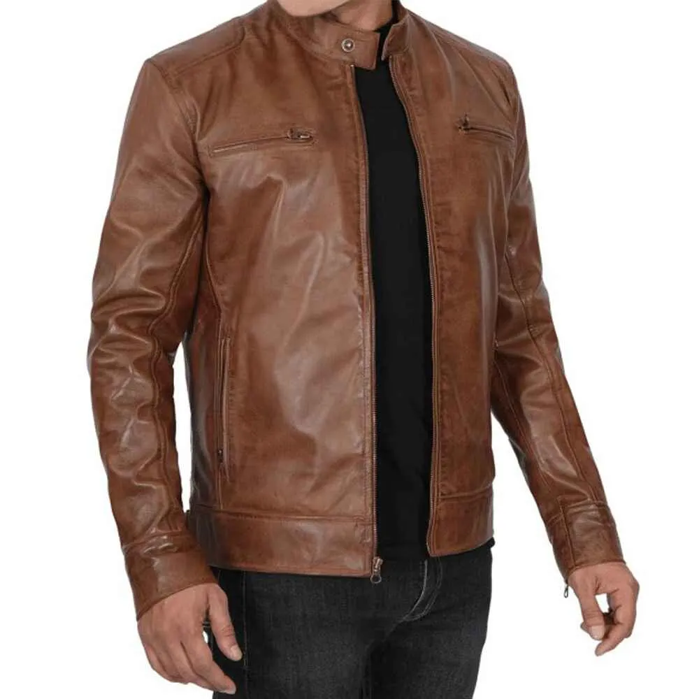 Mens Chocolate Brown Lambskin Leather Motorcycle Jacket by Jacket Field