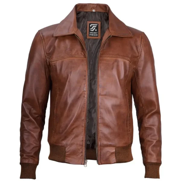 Brown Leather Bomber Jacket